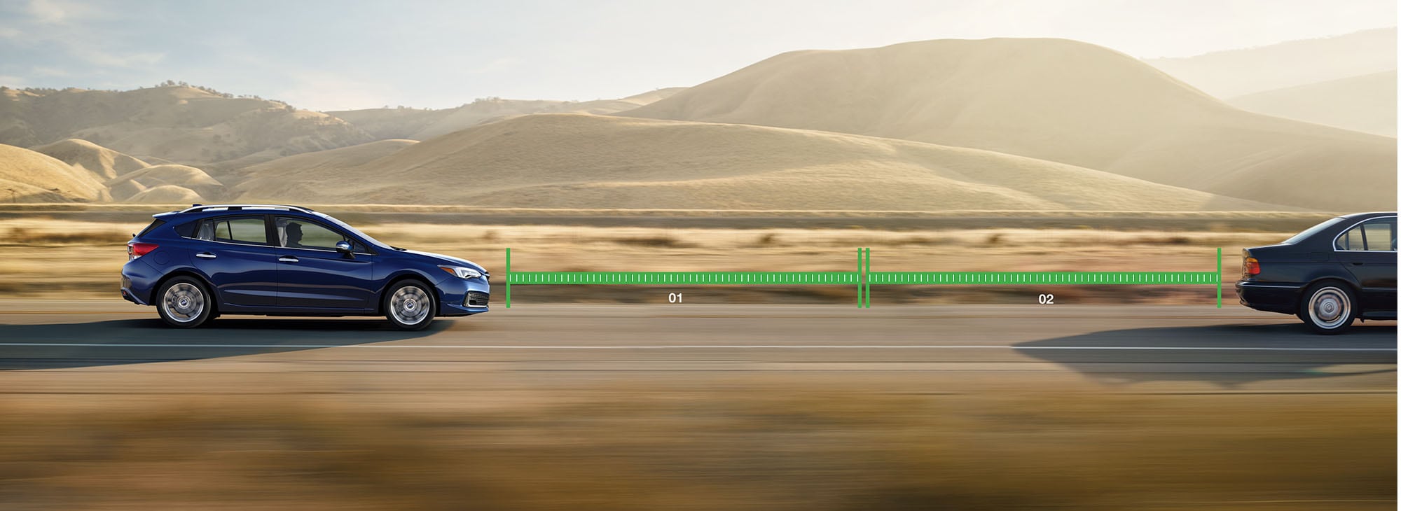 A photo illustrating the Adaptive Cruise Control with Lane Keep Assist feature of the 2023 Impreza hatchback.