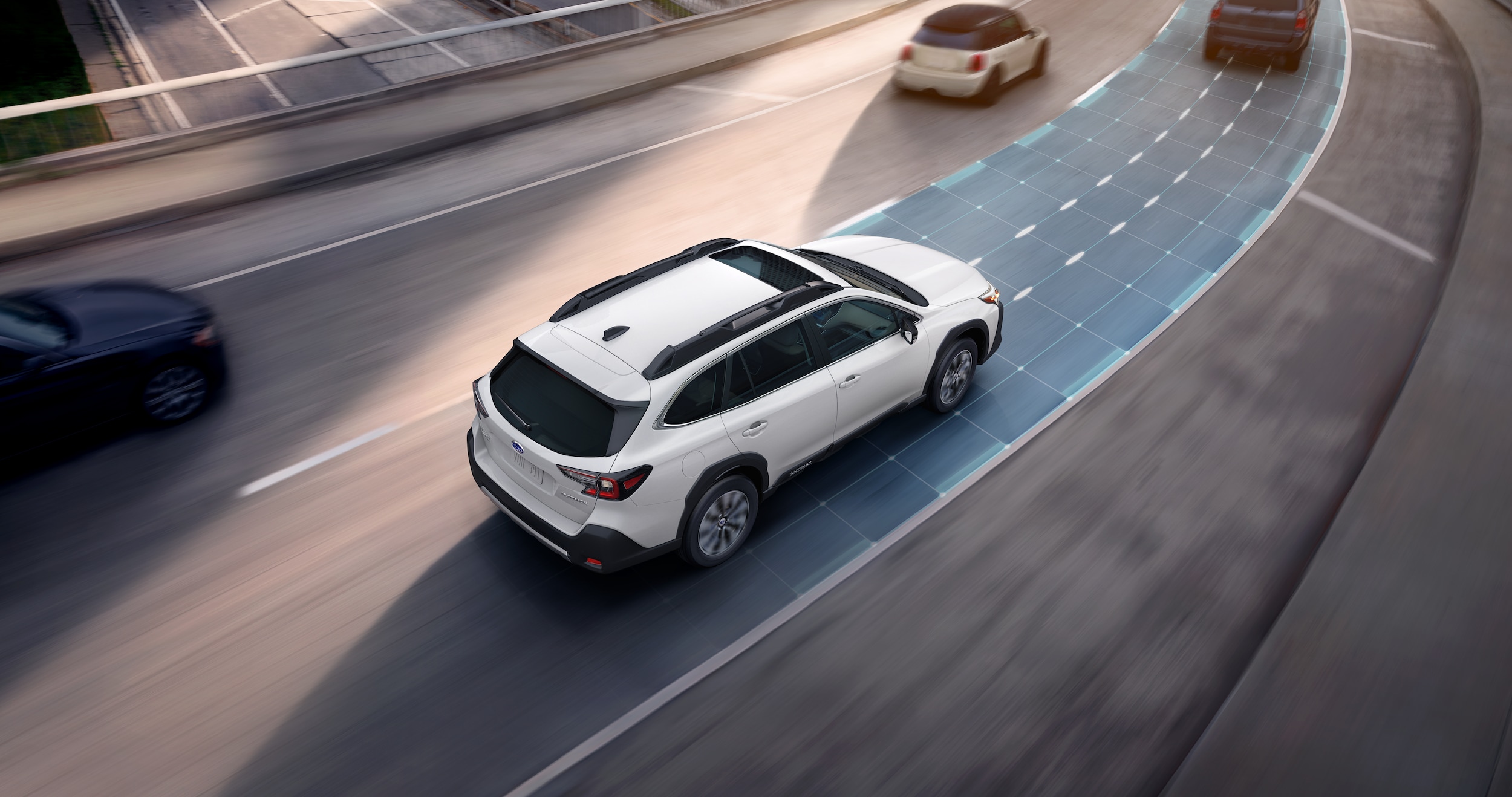 A photo illustration showing the Advanced Adaptive Cruise Control with Lane Centering feature of the standard EyeSight Driver Assist Technology on the 2023 Outback.
