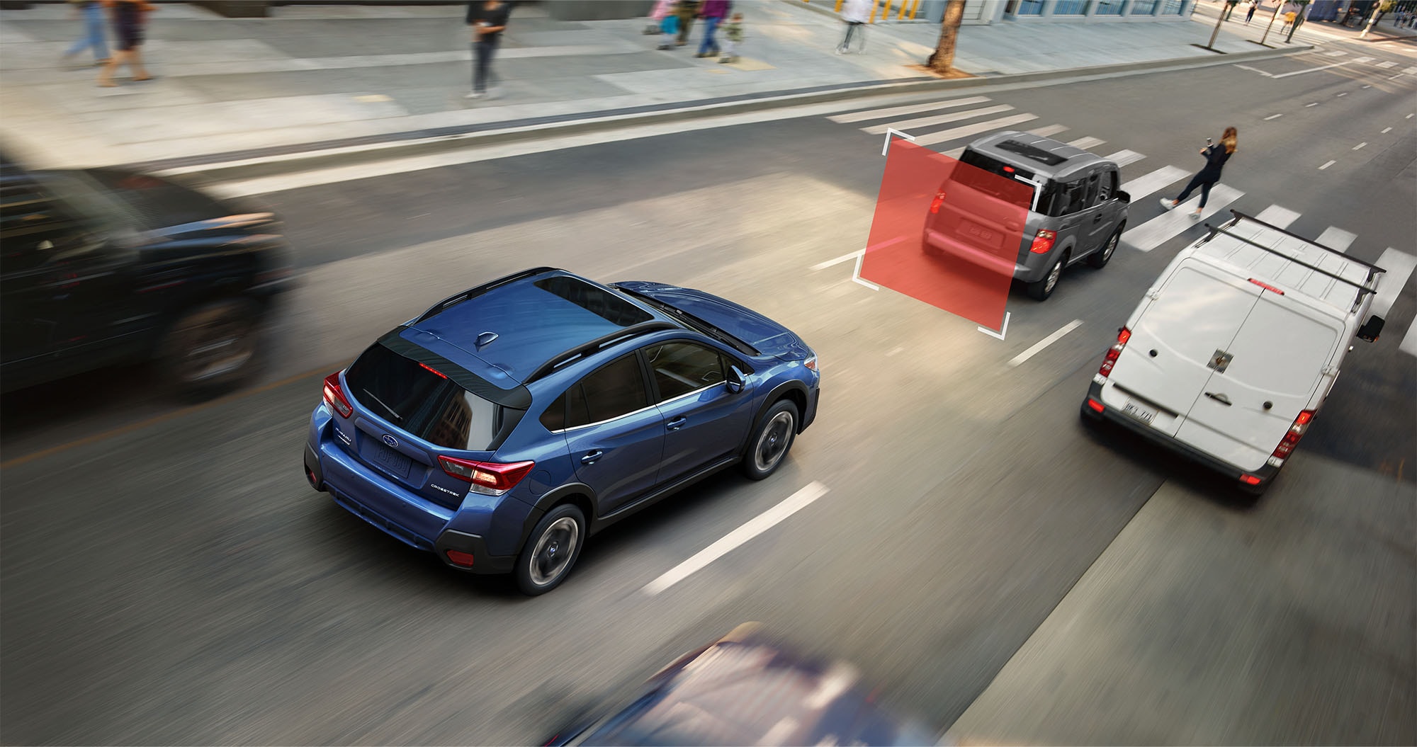 A photo illustration showing the Automatic Pre-Collision Braking feature on the 2023 Crosstrek.