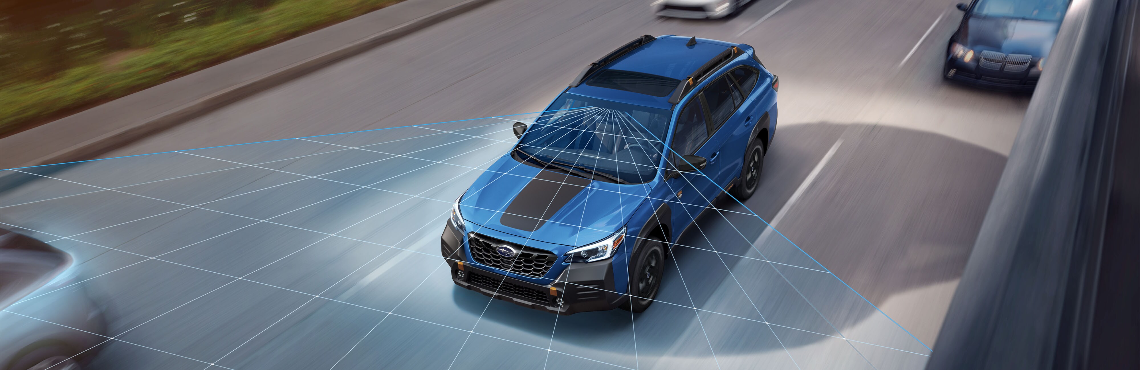  A photo illustration of the EyeSight Driver Assist Technology on the 2023 Outback Wilderness.