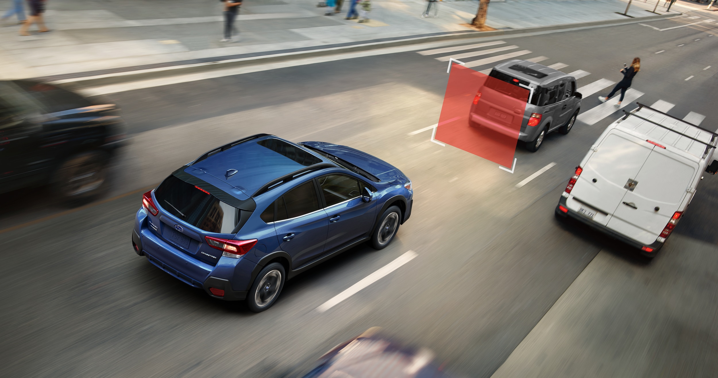 A photo illustration showing the Automatic Pre-Collision Braking feature on the 2023 Crosstrek Hybrid.