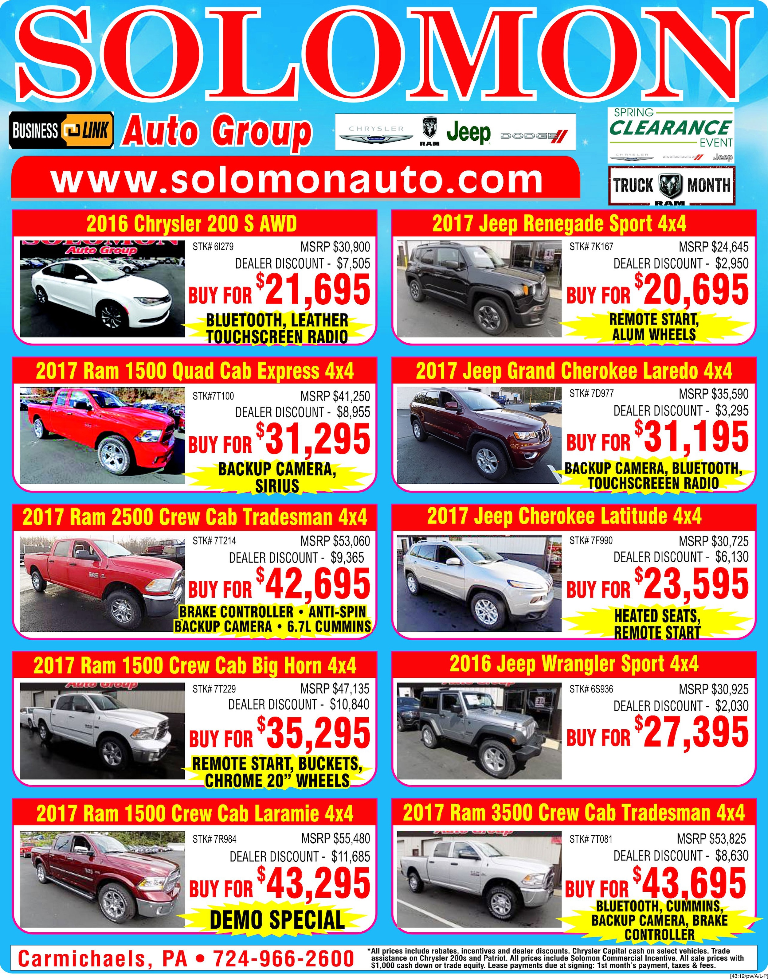 Newspaper Ad Solomon Chrysler, Dodge, Jeep, Ram Carmichaels