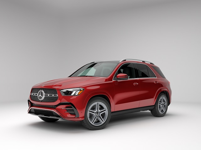 Red GLE 580 parked in a white space