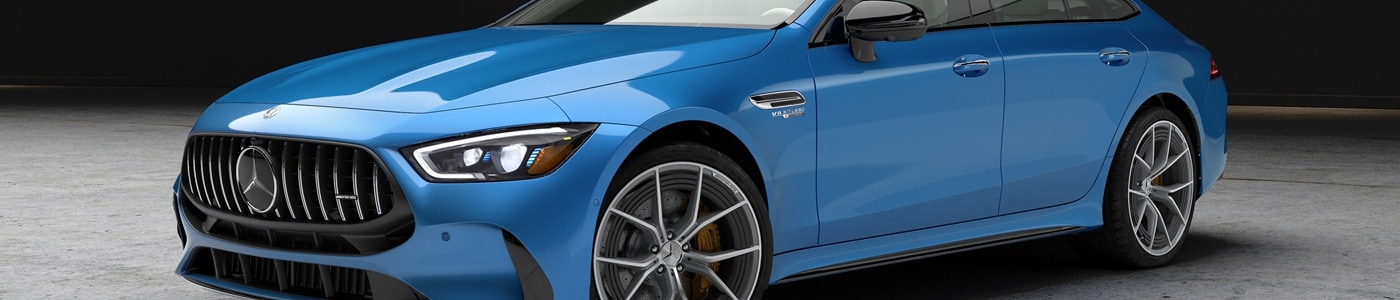 Blue Mercedes-Benz AMG GT parked in a warehouse