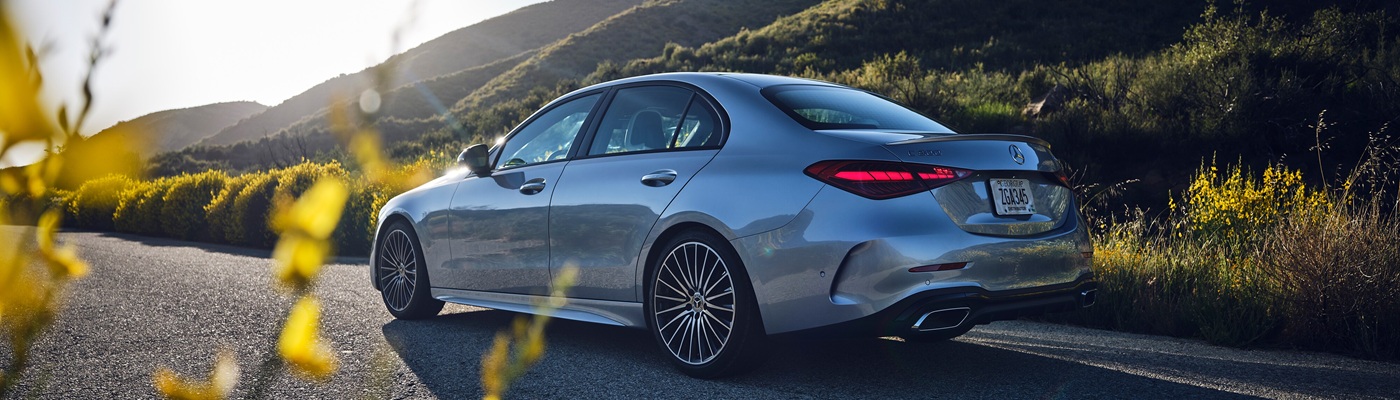 Silver Mercedes-Benz AMG C 43 parked in a flowering meadow