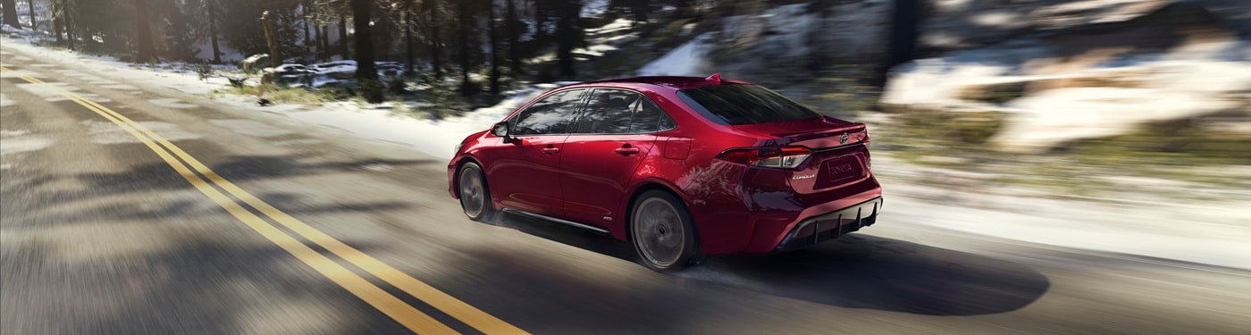 Red Toyota Corolla Hybrid SE driving through a forest in the winter