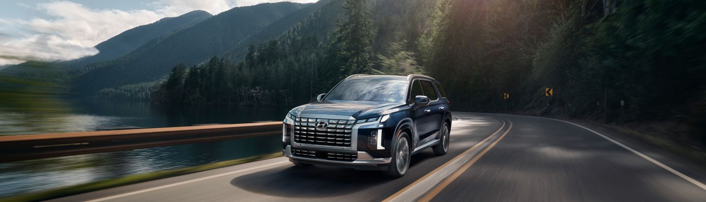 Front view of a Hyundai Palisade driving near a lake