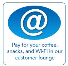 Pay for your coffee, snacks, and Wi-Fi in our customer lounge