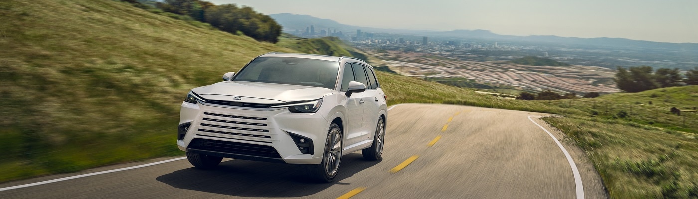 White Lexus TX driving on a road in a meadow
