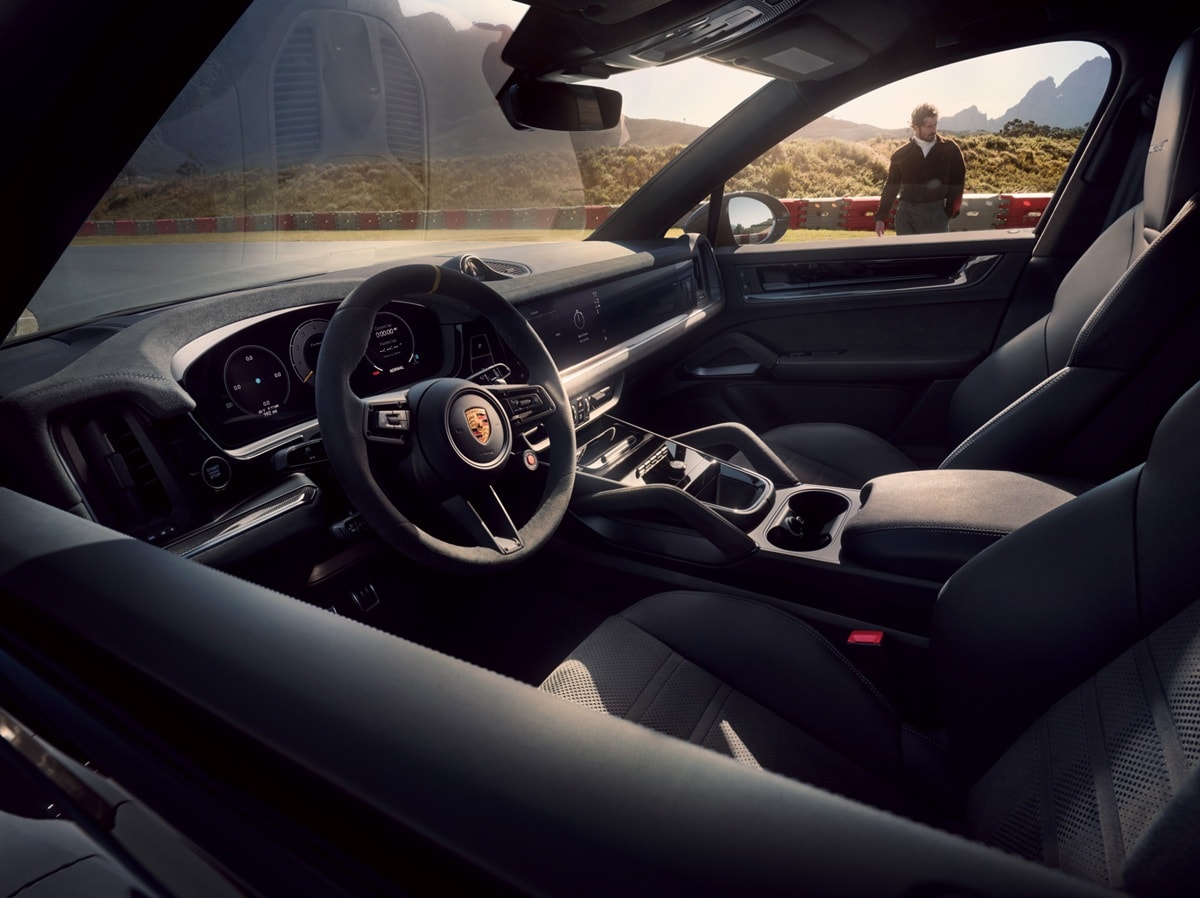 Interior of a Porsche Cayenne parked on a race track