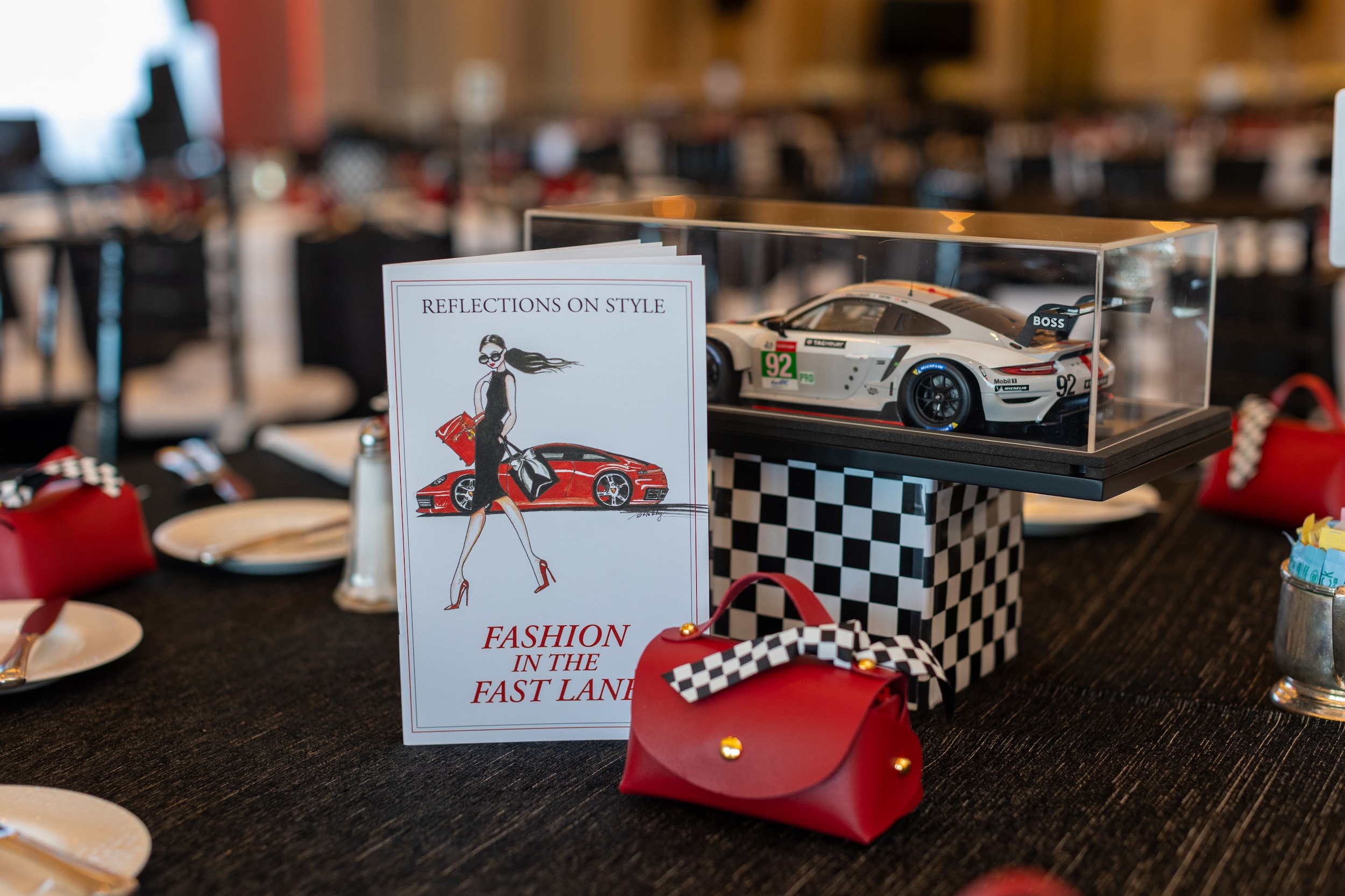 Fashion in the Fast Lane Luncheon Porsche Model Centerpiece display at the Fashion in the Fast Lane Luncheon