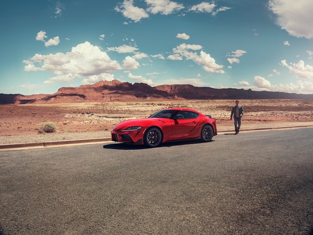 Red GR Supra Final Edition parked in the
desert