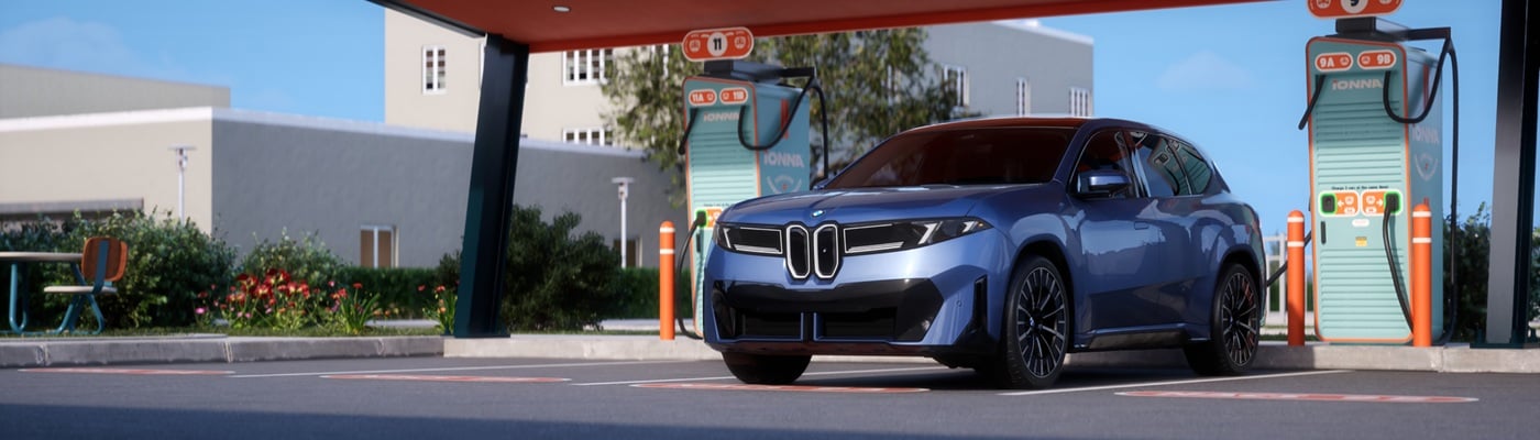 BMW iX3 Blue BMW iX3 parked at a retro styled charging station