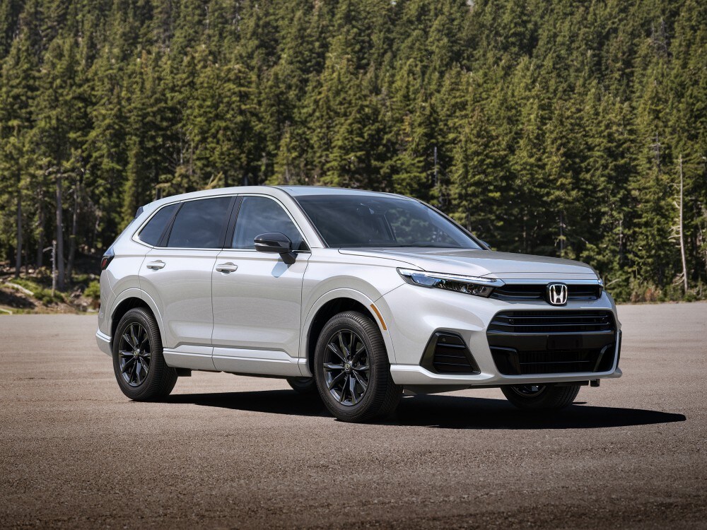 White Honda CR-V parked in front of a forest