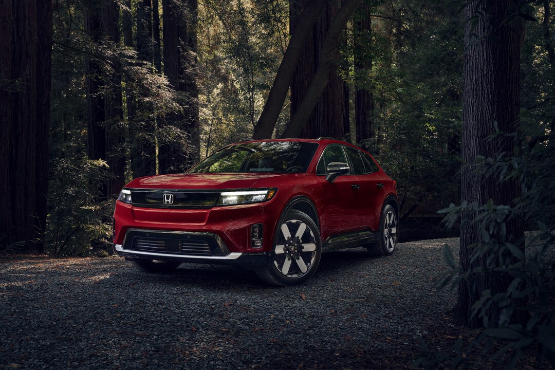 Honda Prologue Red Honda Prologue parked in the woods