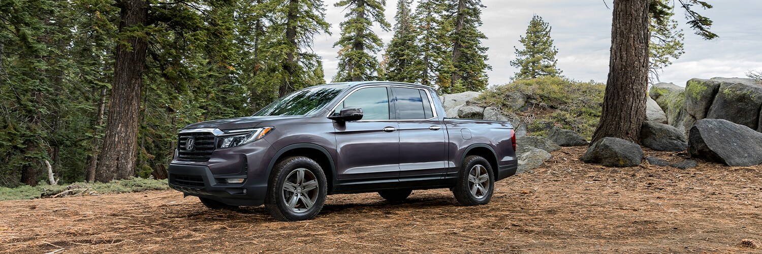 Gray Ridgeline parked in a forest