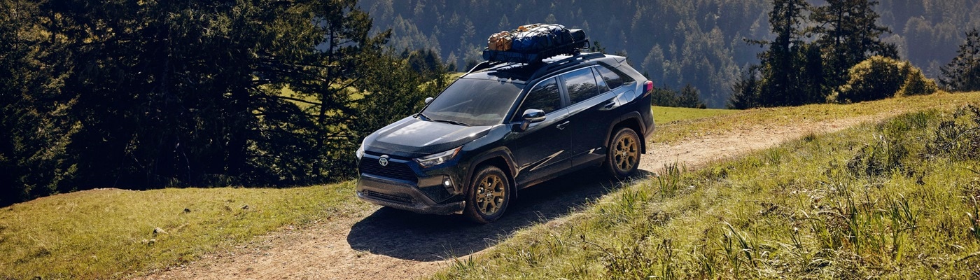 Blue Toyota RAV4 Hybrid Woodland driving on a dirt wood road