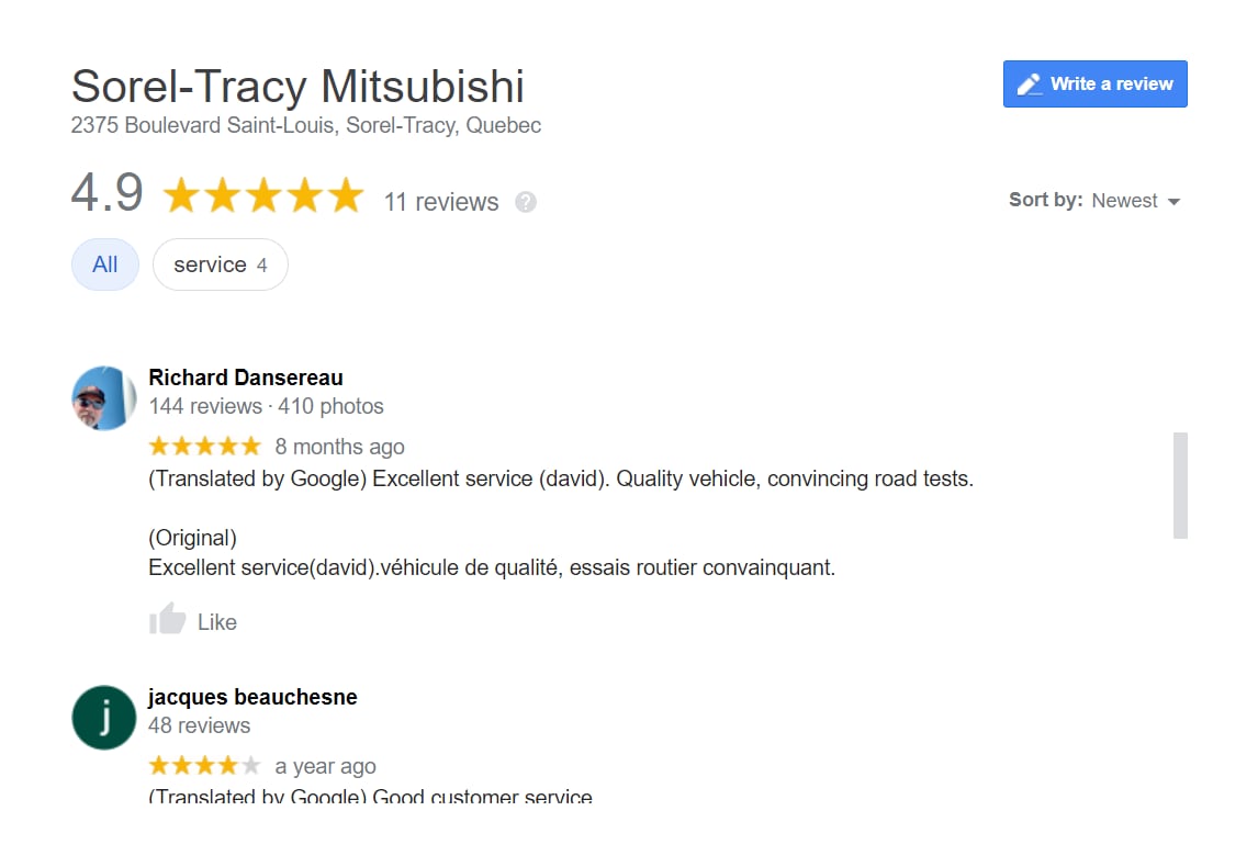 Sorel Tracy Temoignages de clients Google Reviews Ajouter une note ou un avis
