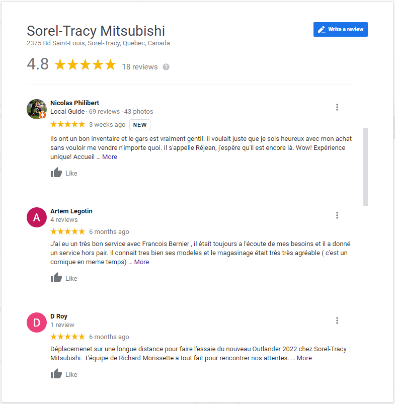 Témoignages de clients - Sorel-Tracy Mitsubishi