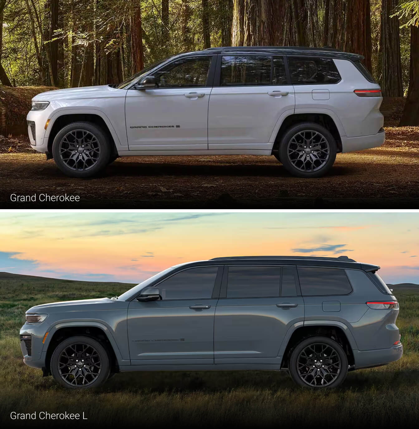 Side views of a white 2027 Jeep Grand Cherokee parked in a forest and a gray Jeep Grand Cherokee L parked in a grassy field.