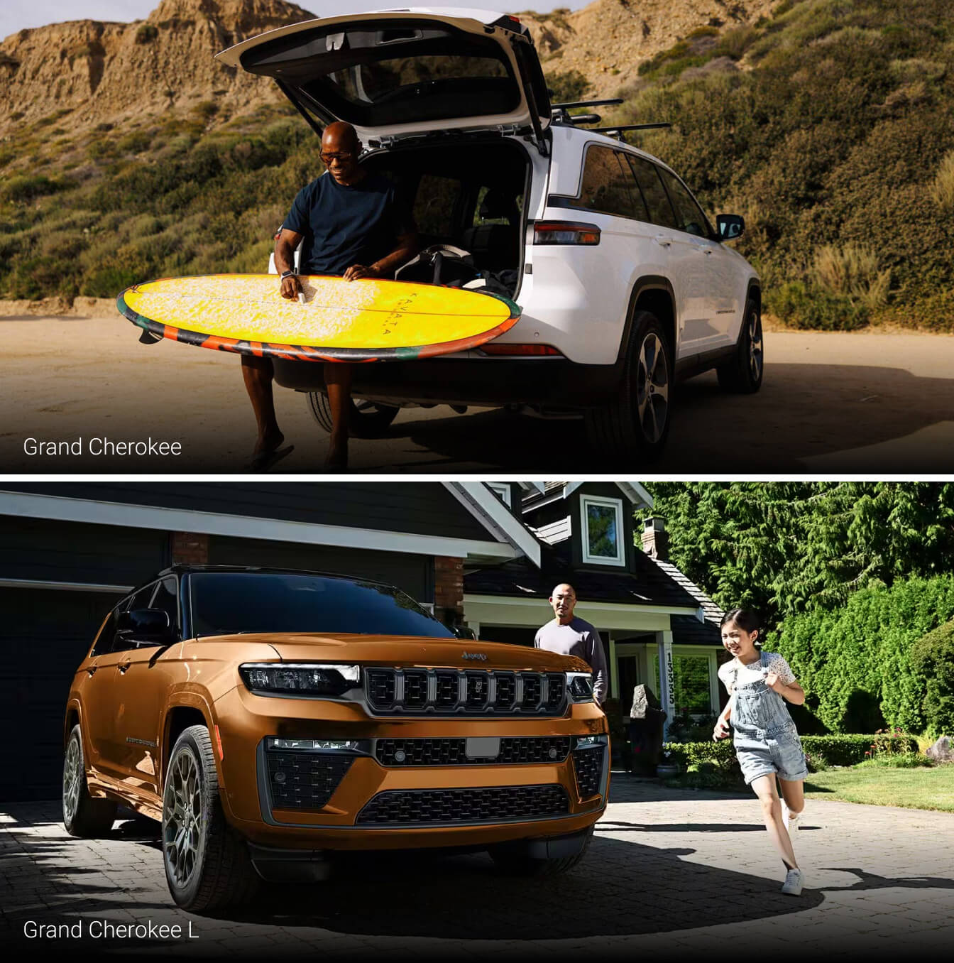 Rear view of a 2027 Grand Cherokee as a man waxes a surfboard under the open tailgate. An orange Grand Cherokee L parked in a driveway with a family nearby.