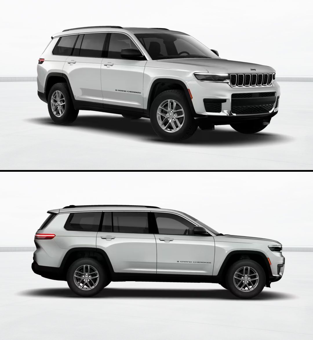 White Jeep Grand Cherokee L shown from front three-quarter and side profile views.