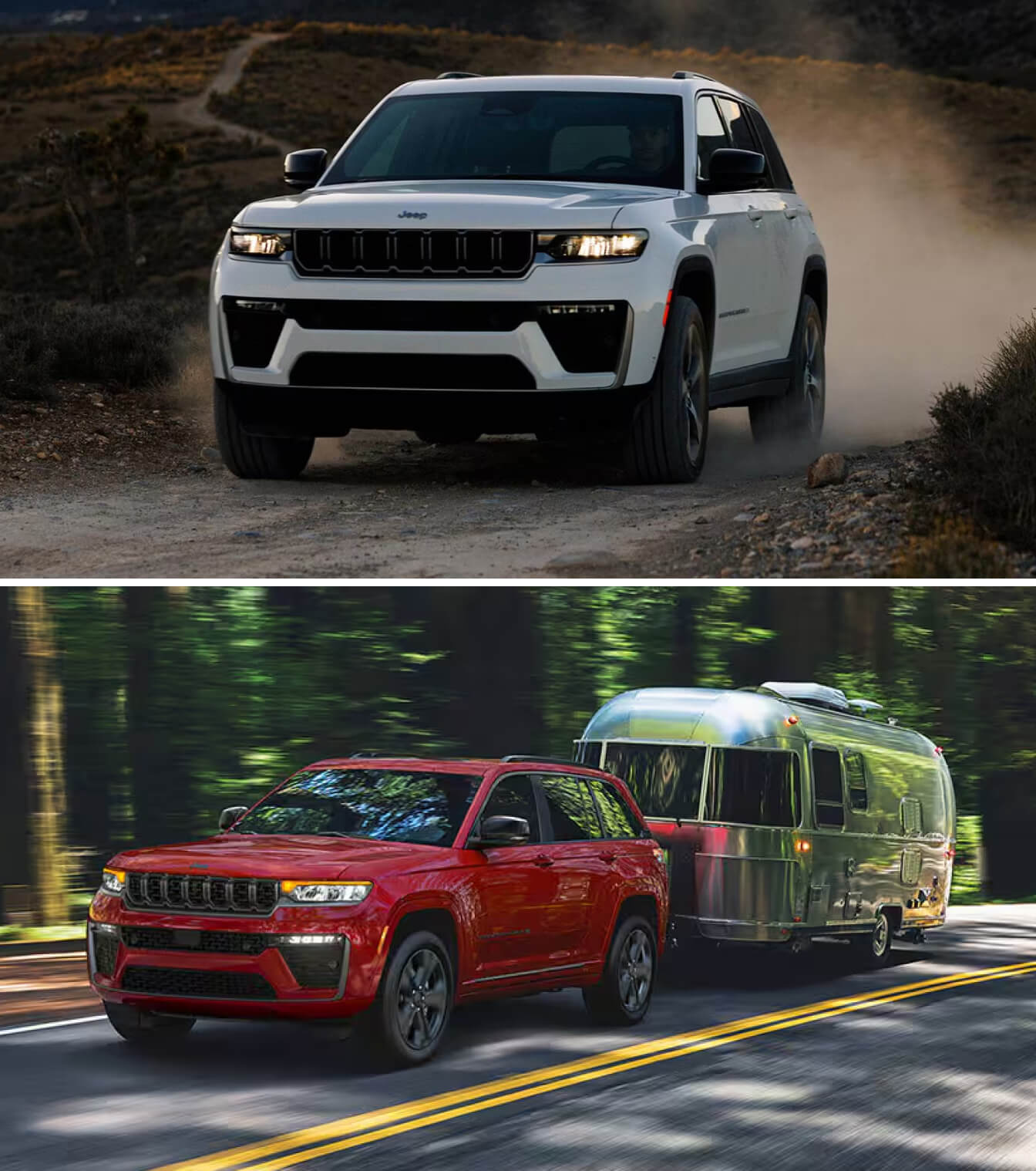 Front view of a white 2027 Jeep Grand Cherokee driving on a dirt trail. A red Grand Cherokee L towing a camper on a forest highway.