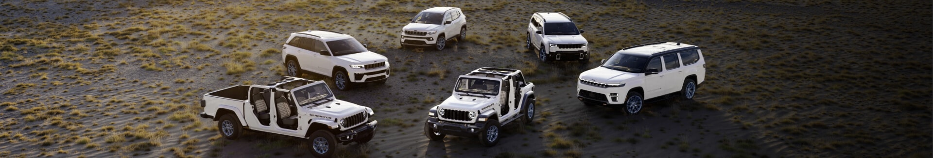 Jeep Lineup parked together along a scenic coastal beach at sunset