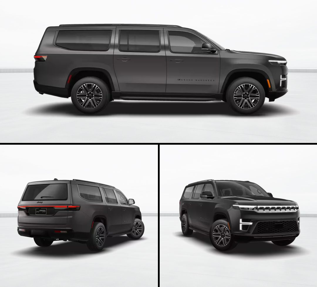 Dark gray Jeep Grand Wagoneer L shown from multiple exterior angles.