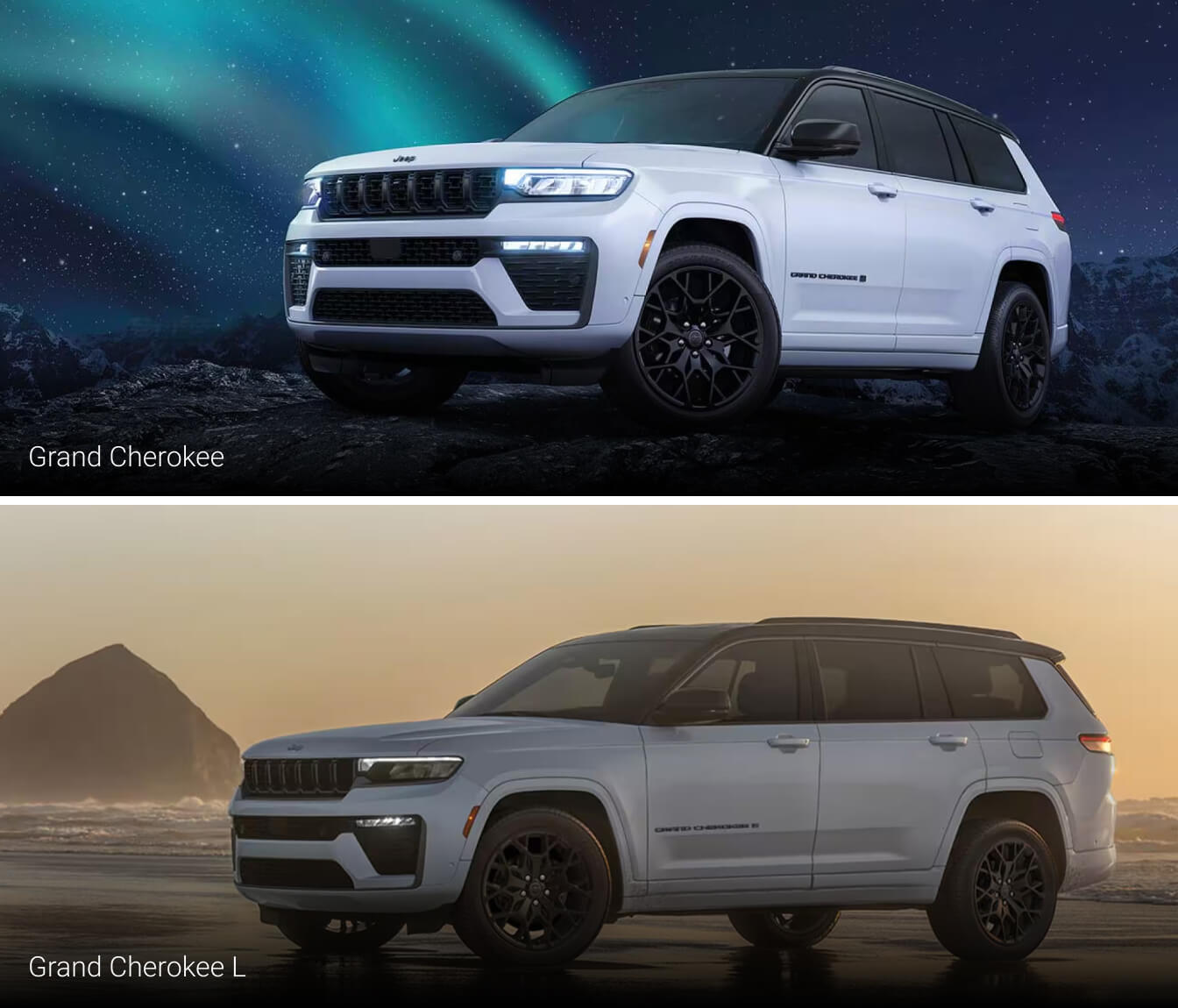 A white 2027 Jeep Grand Cherokee parked offroad under a starry sky. A wite Grand Cherokee L parked on a beach at dusk.