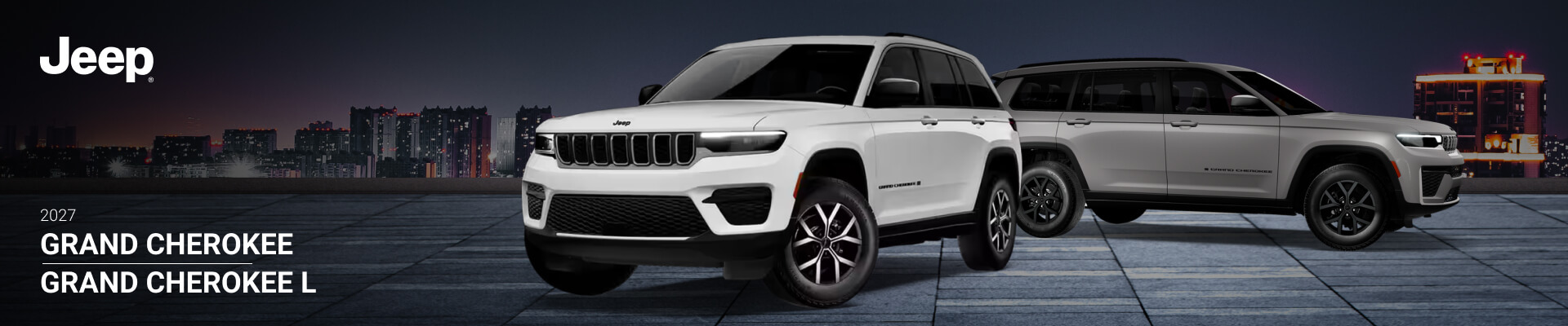 A white 2027 Jeep Grand Cherokee and a gray Grand Cherokee L parked side by side in front of a dark city skyline.