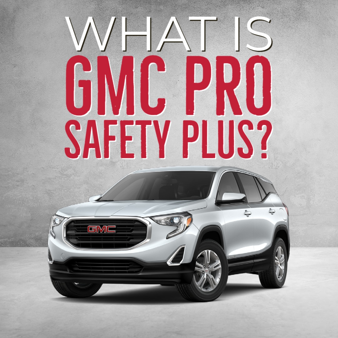 Silver GMC Terrain on white grunge textured background with words "What Is GMC Pro Safety Plus?"