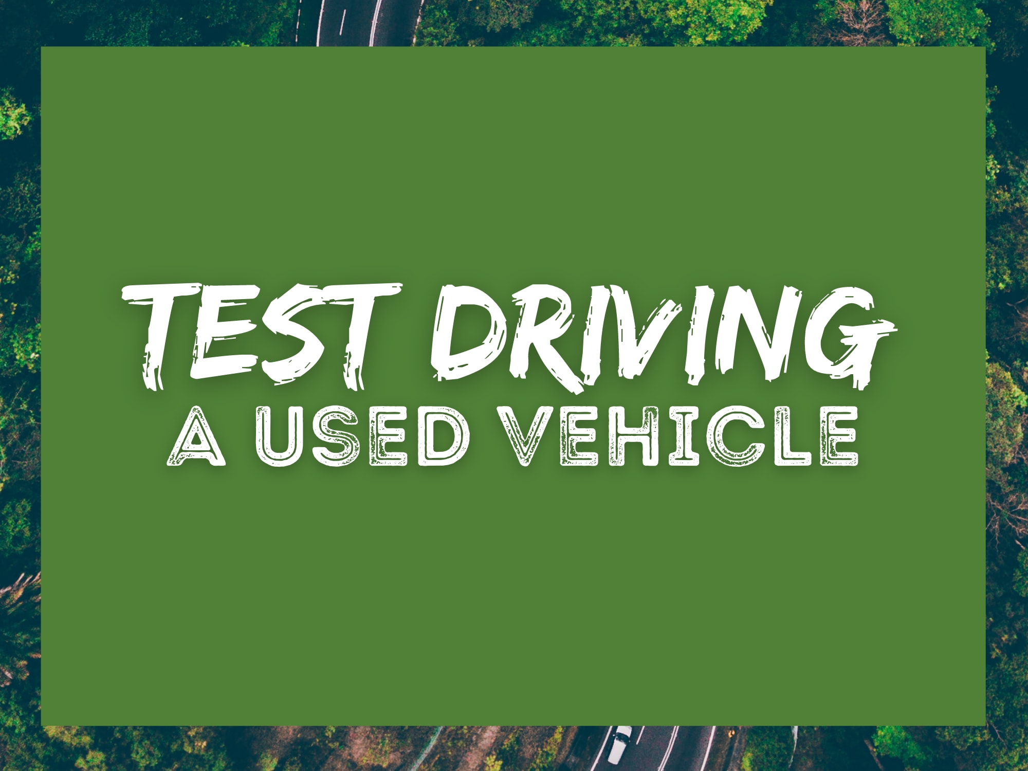 Green background with forest and road border with words "Test Driving" a vehicle with white font in the center