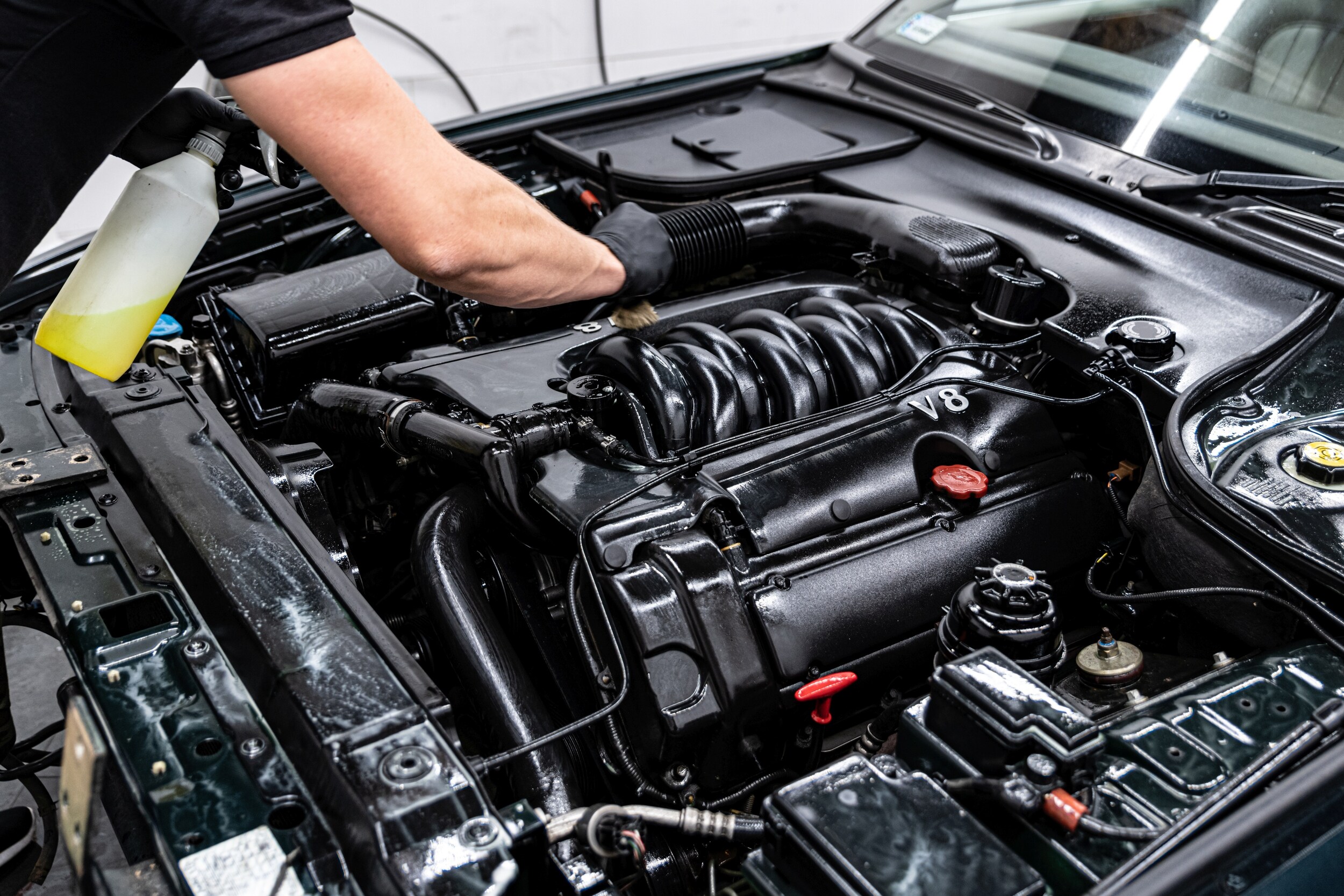 Person cleaning engine