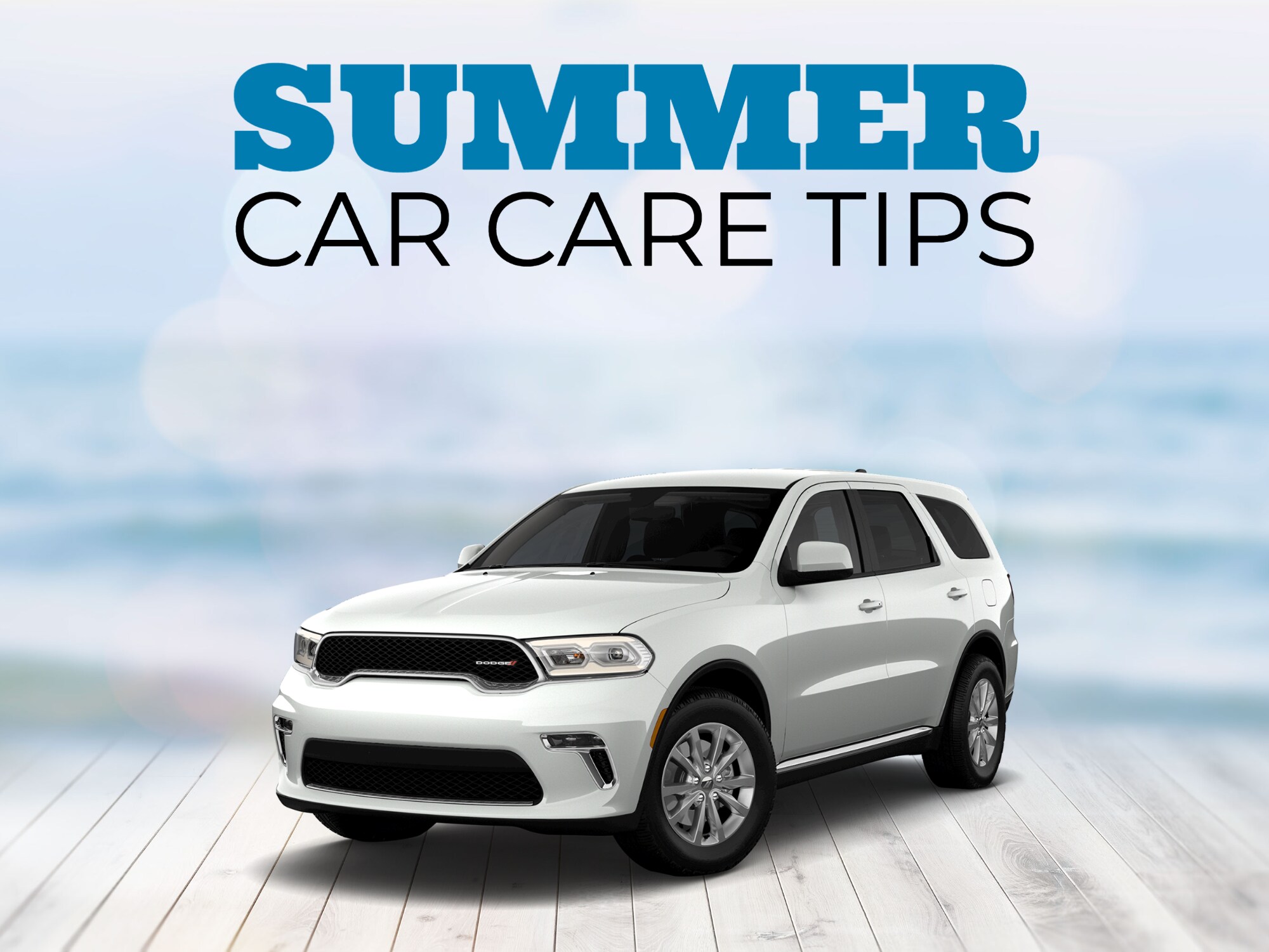 sea background with boardwalk in the forefront with white dodge durango front 3/4 view.