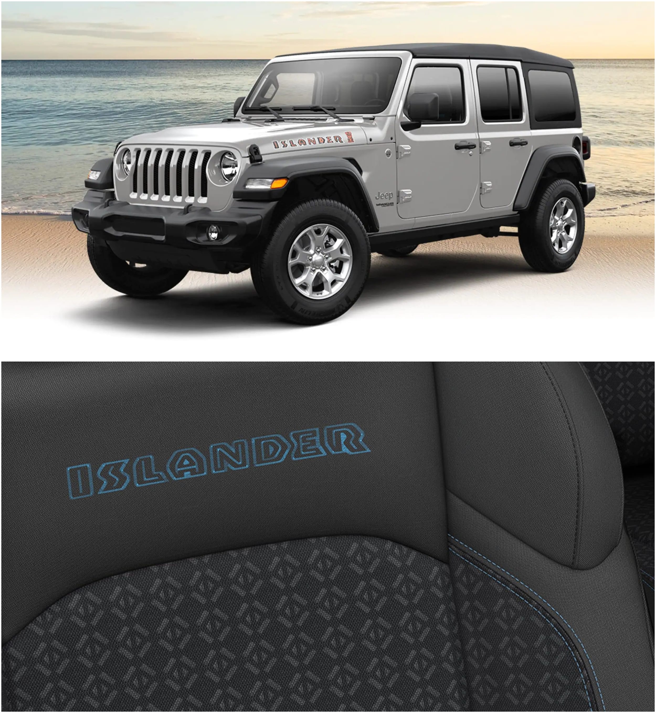 Top Photo: Front 3/4 View of Silver Jeep Wrangler Islander ; Bottom Photo: Close-up of Blue "Islander" stitching on seat of Jeep
