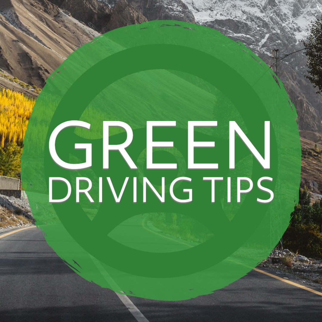 White font "Green Driving Tips" on green circle with mountainous background.