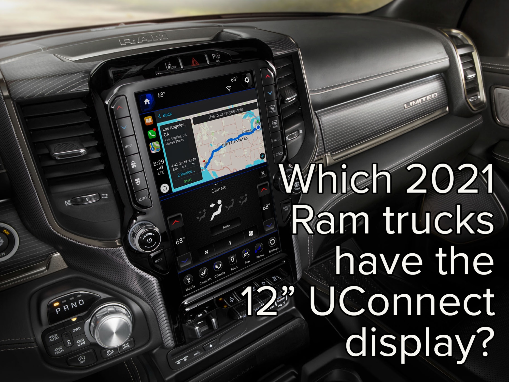Close-up of Ram truck's 12-inch UConnect touch display