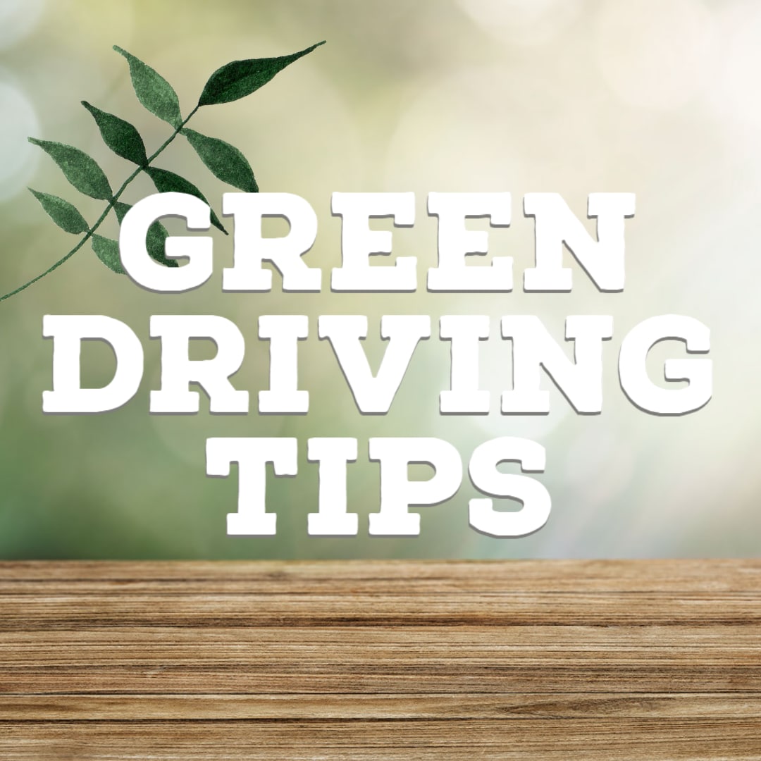 Light Green bokeh background with woodgrain in front and "Green Driving Tips"