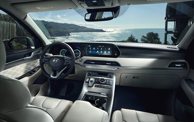 Palisade_interior.jpg New 2020 Hyundai Palisade with quilted gray leather interior and view of the beach