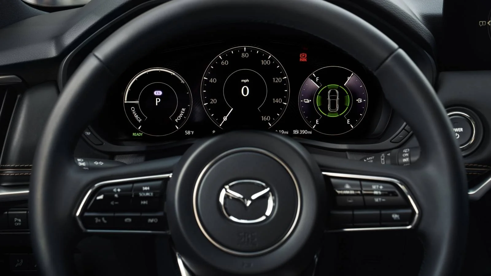 Mazda CX-90 PHEV instrument cluster showing charge and ready indicators, Sport Durst Mazda of Goldsboro NC