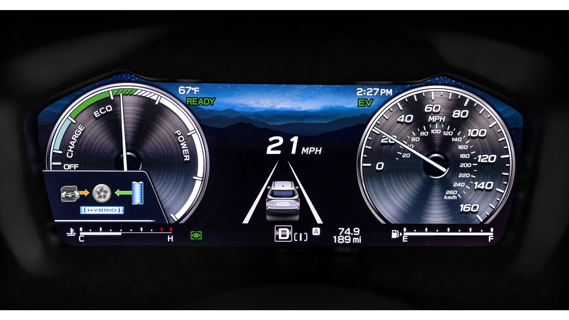 2026 Subaru Forester Hybrid instrument cluster showing EV mode and fuel efficiency display