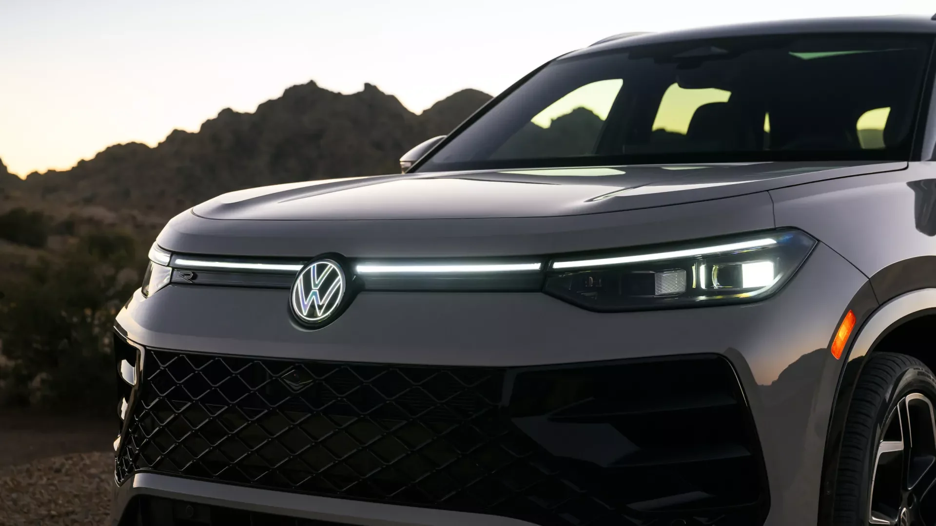 2026 Volkswagen Tiguan close-up of LED headlights and grille