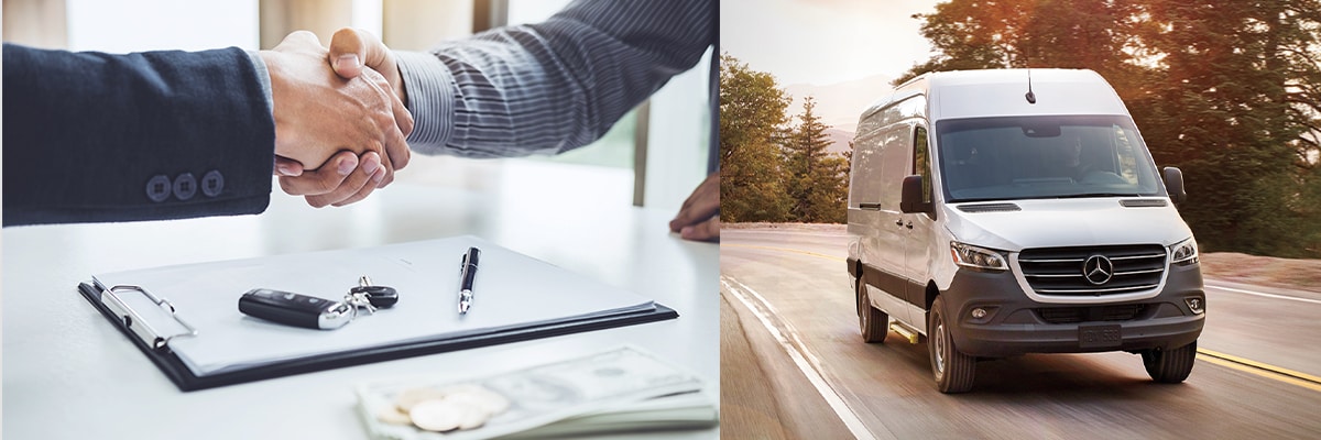 Hands shaking on the left and a Sprinter Van driving on a paved road in the woods on the right