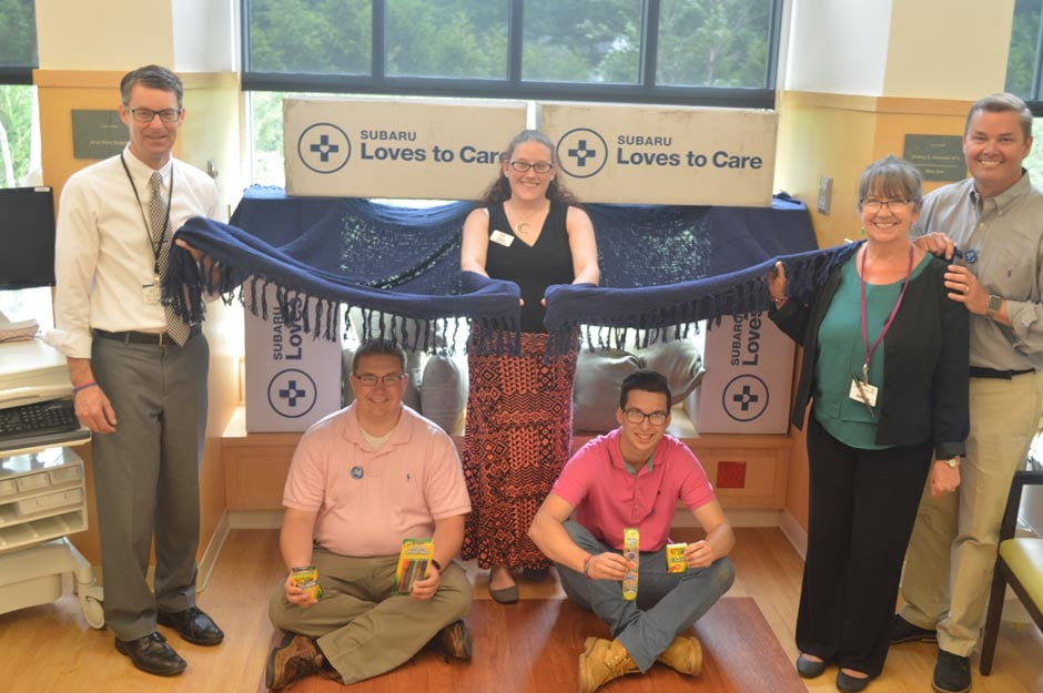 Jack Frost, director of philanthropy MCMH; David Grant, sales consultant, Stanley Subaru; Rebekka Farquharson, campaign specialist, Leukemia & Lymphoma Society; Kyle Townsend, service administrator, Stanley Subaru; Jayne Wixon, RN, CRNI, director of oncology MCMH; and Mark Politte, owner, Stanley Subaru