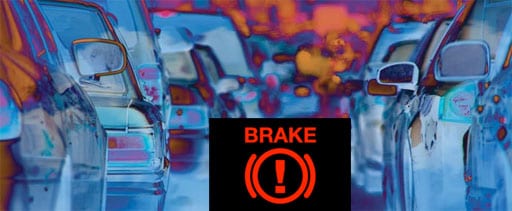 color-manipulated image of traffic with a brake warning light overlayed