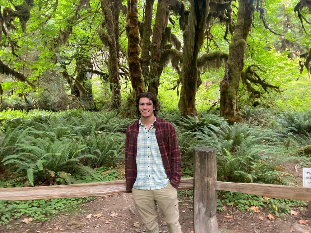 Man standing in front of a verdant forest of ferns and trees