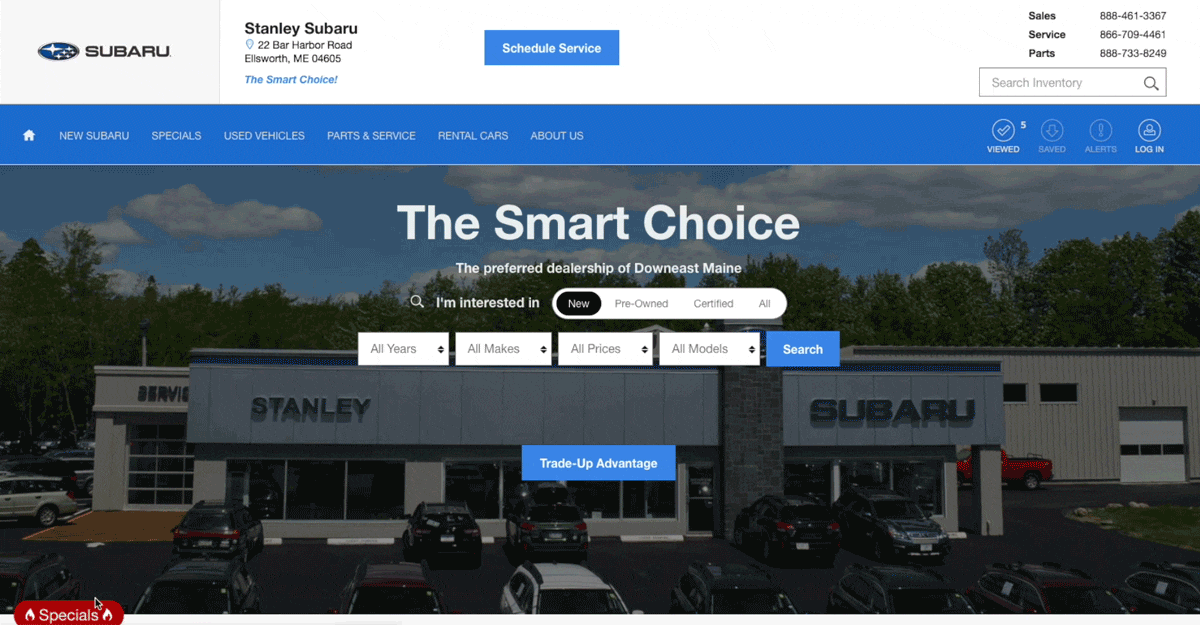 Gif showing home page to specials to a vehicle