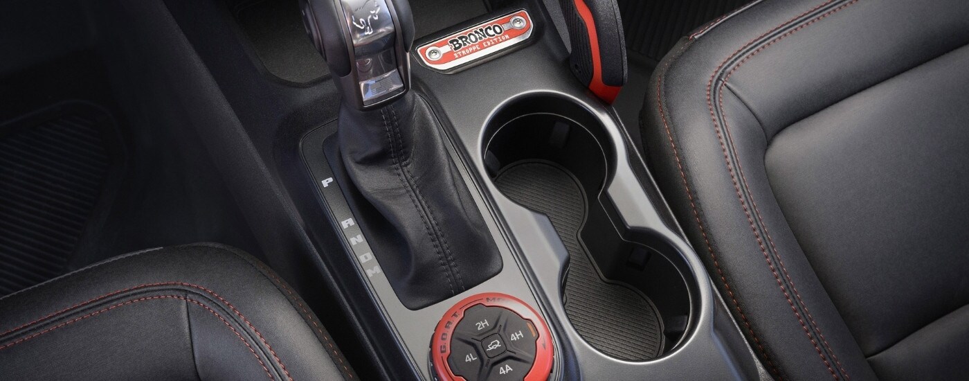 Black center console in a 2025 Ford Bronco Stroppe.