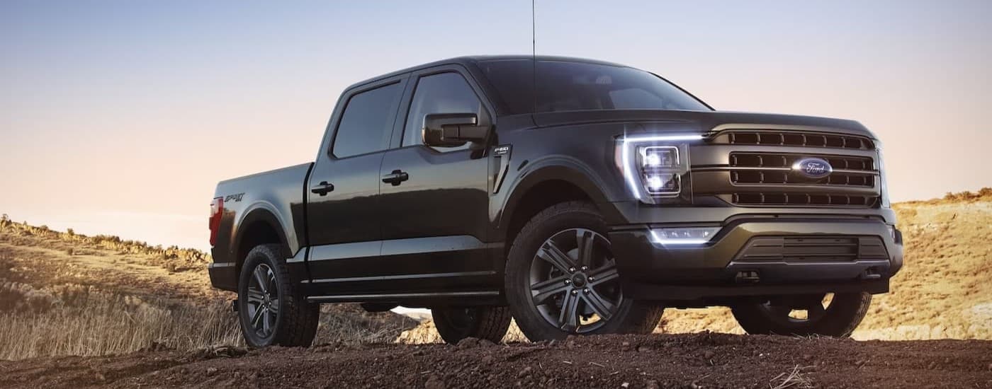 A black 2023 Ford F-150 parked off-road.